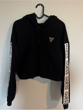 GUESS Black Cropped Hoodie with White Logo Sleeve Tape